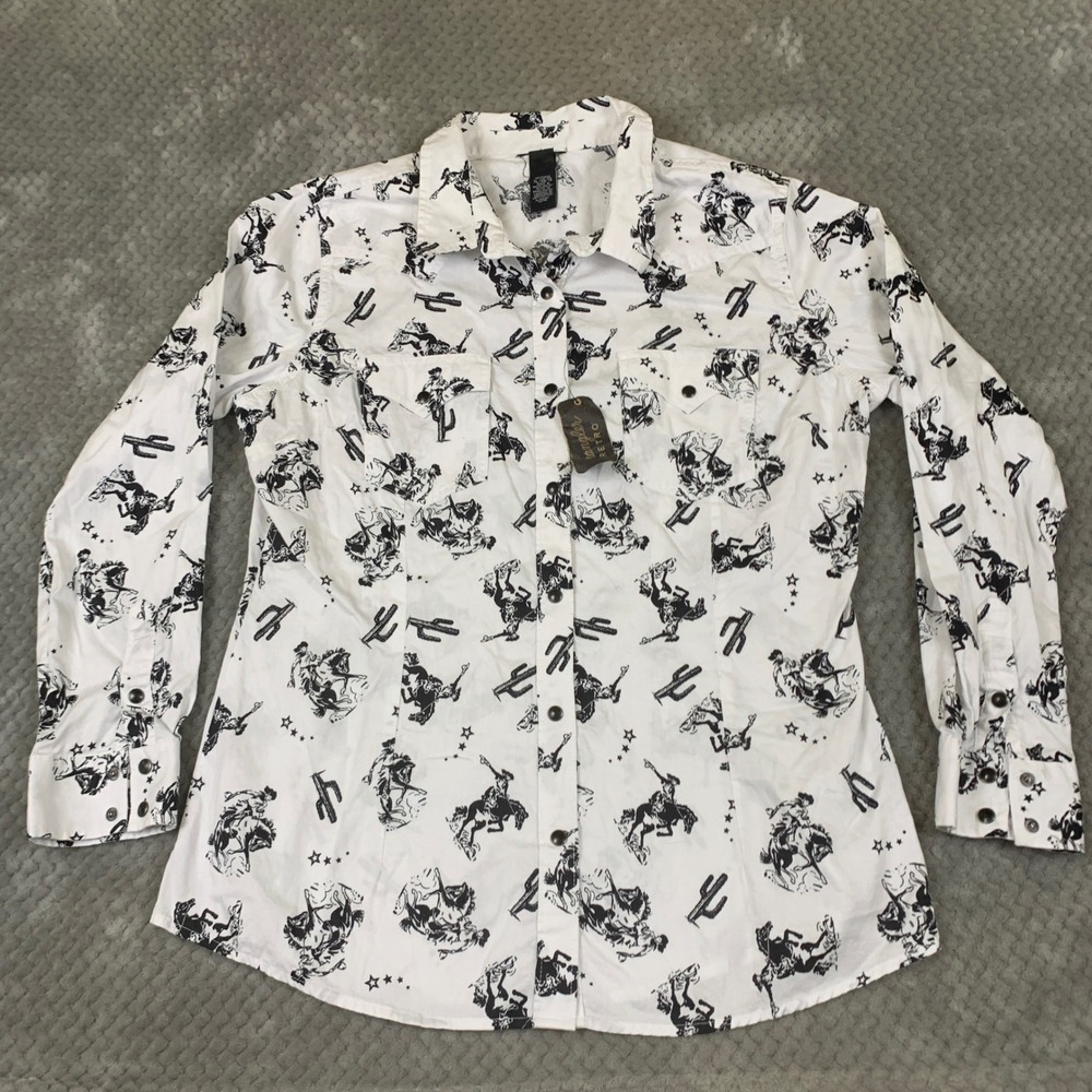 Wrangler Retro Western Shirt Womens XL White Rodeo Cowboy Pearl Snap 112330046